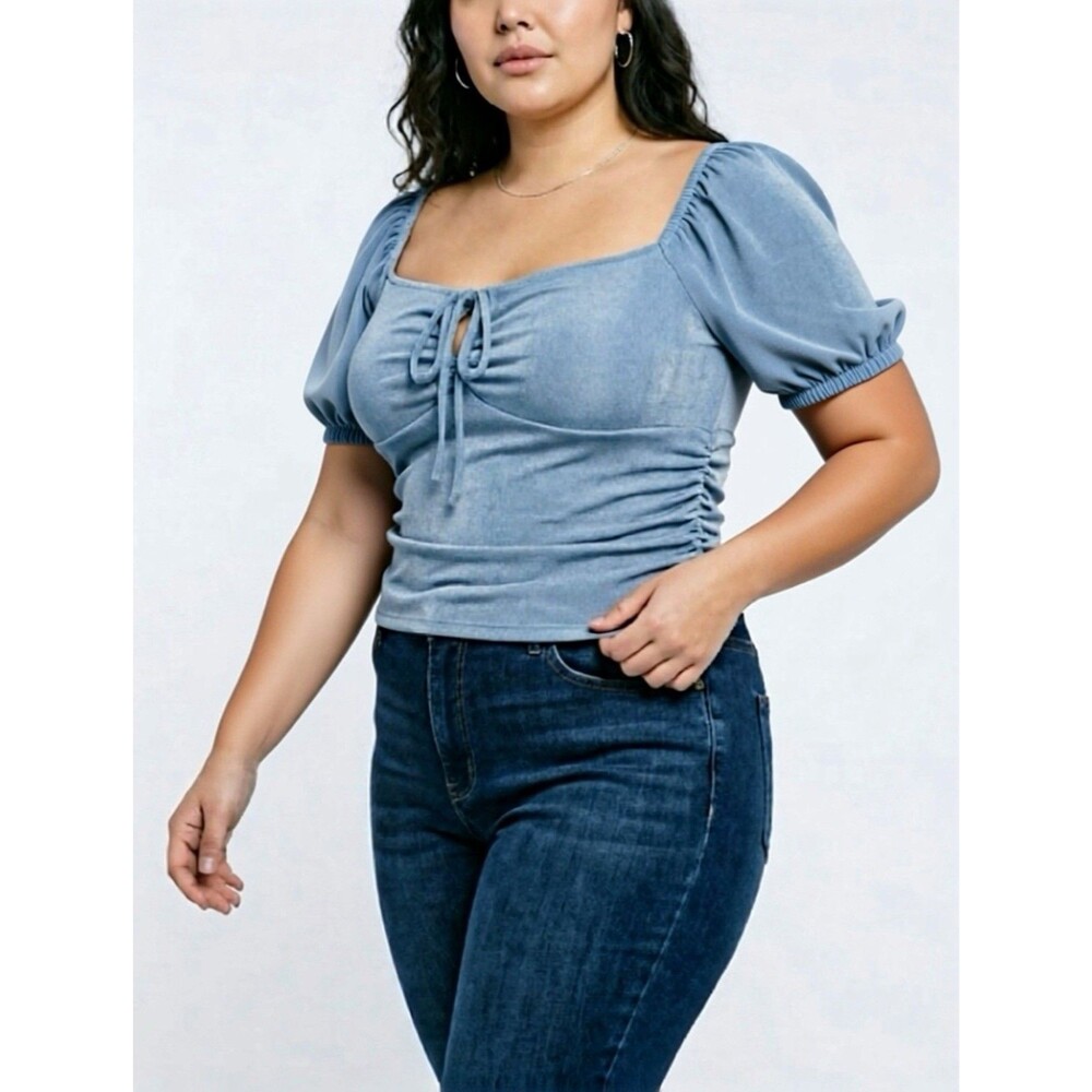 Sophie Rue Slate Blue Ruched Tie Front Puff Sleeve Crop Top Blouse Boho L NWT
